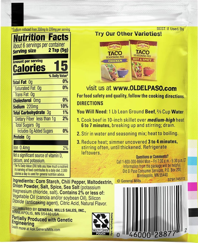 Old El Paso Taco Seasoning Mix, 25% Less Sodium, 1 oz, Pack of 32 - Image 3